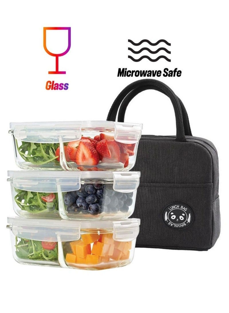 Multipurpose Glass Storage Containers with Lunch Bag, Divided 2 Compartments, Containers with Locking Lids, Glass Storage, Meal Prep Container with Airtight Lid (3 Pack，3*700ml) - Image 2